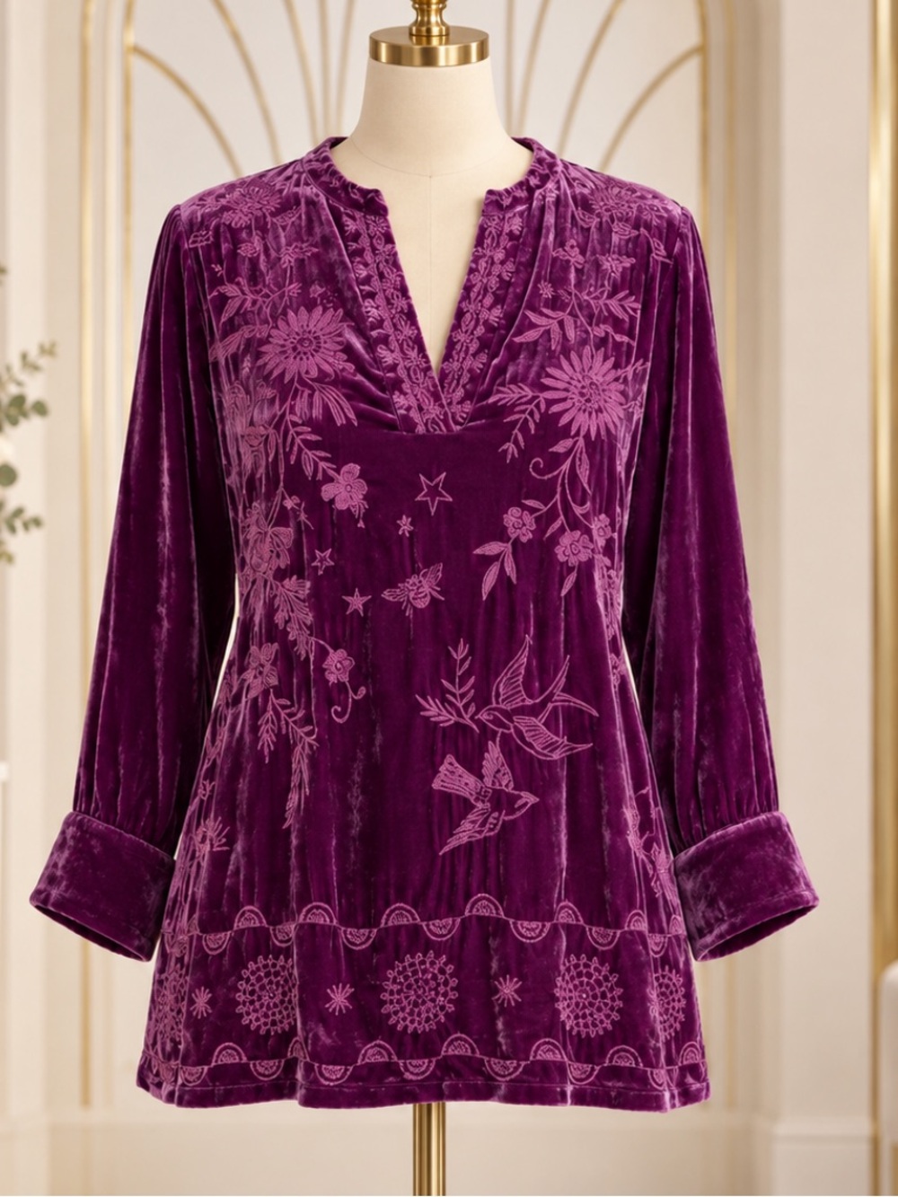 Johnny Was Torine Voyager Sugar Plum Velvet Embroidered Tunic oversized